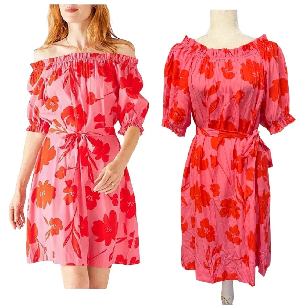 Mersea Womens Midi Dress Size L Floral Off‎ Shoulder Short Puff Sleeve Feminine